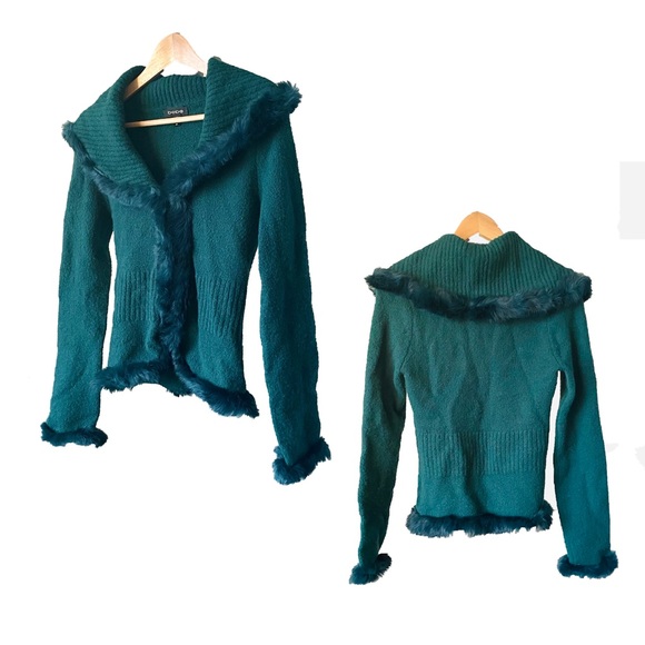 bebe Sweaters - VTG Y2K bebe Fur Trim Shawl Collar Cardigan Sweater